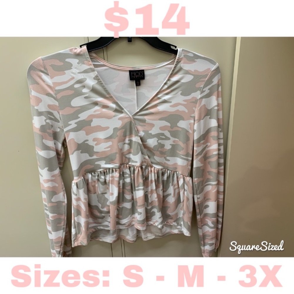 NEW WITH TAGS long sleeve camo top sizes S M 3X